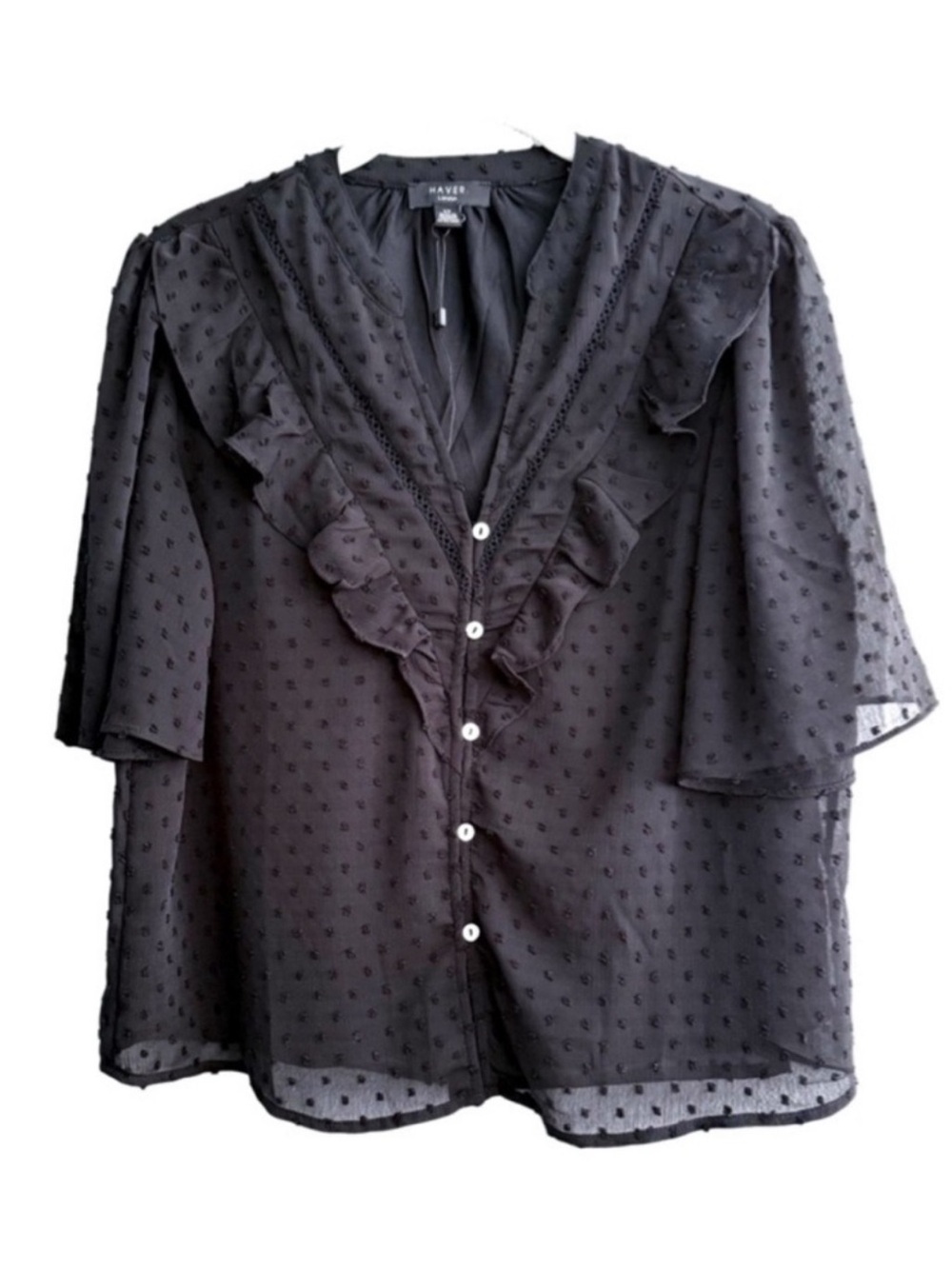 HAVER Short Sleeve Blouse Swiss Dot Button Down Top Black Size S